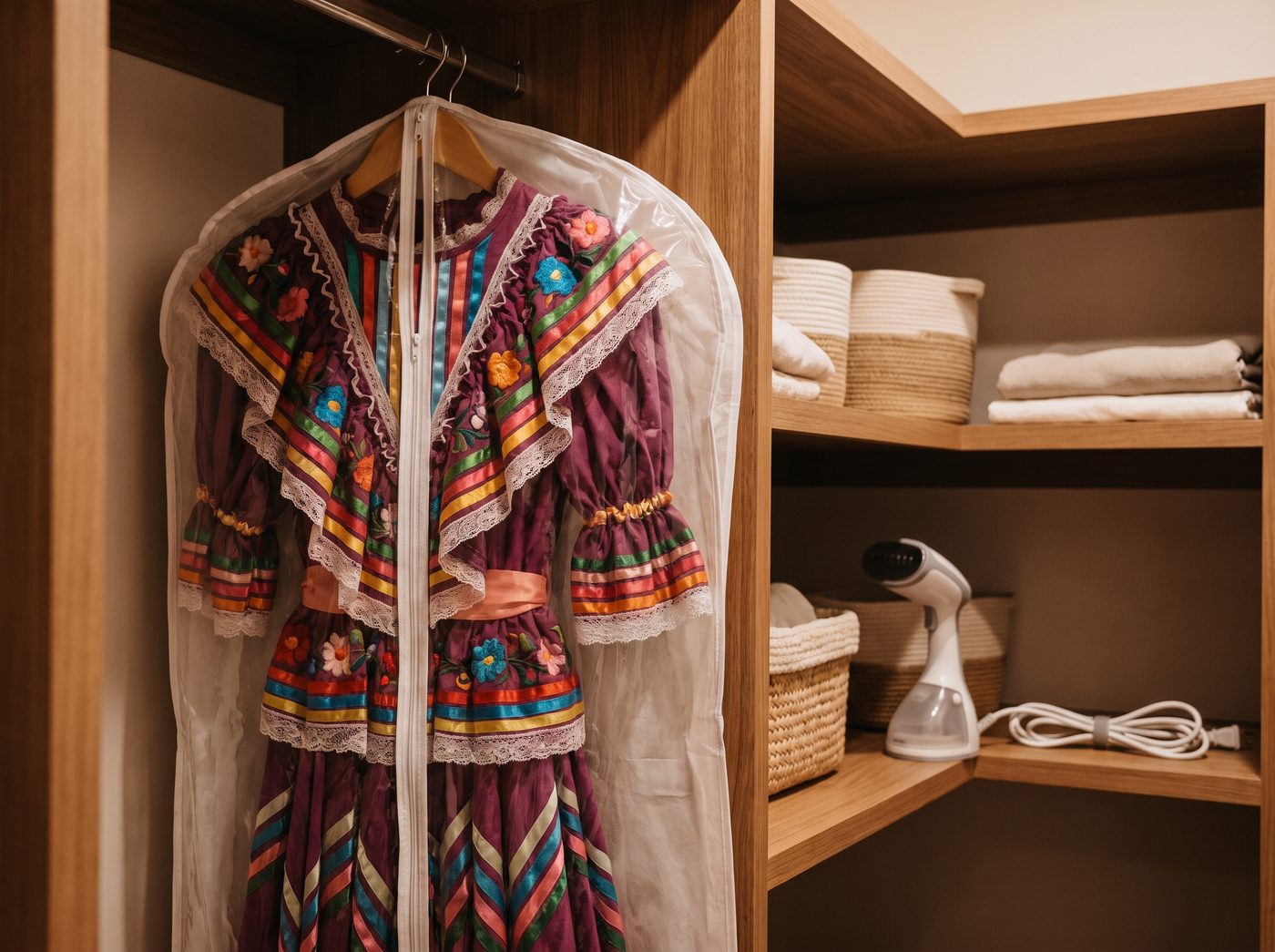 A folklorico dress hanging in a clear garment bag on a padded hanger beside a clothes steamer