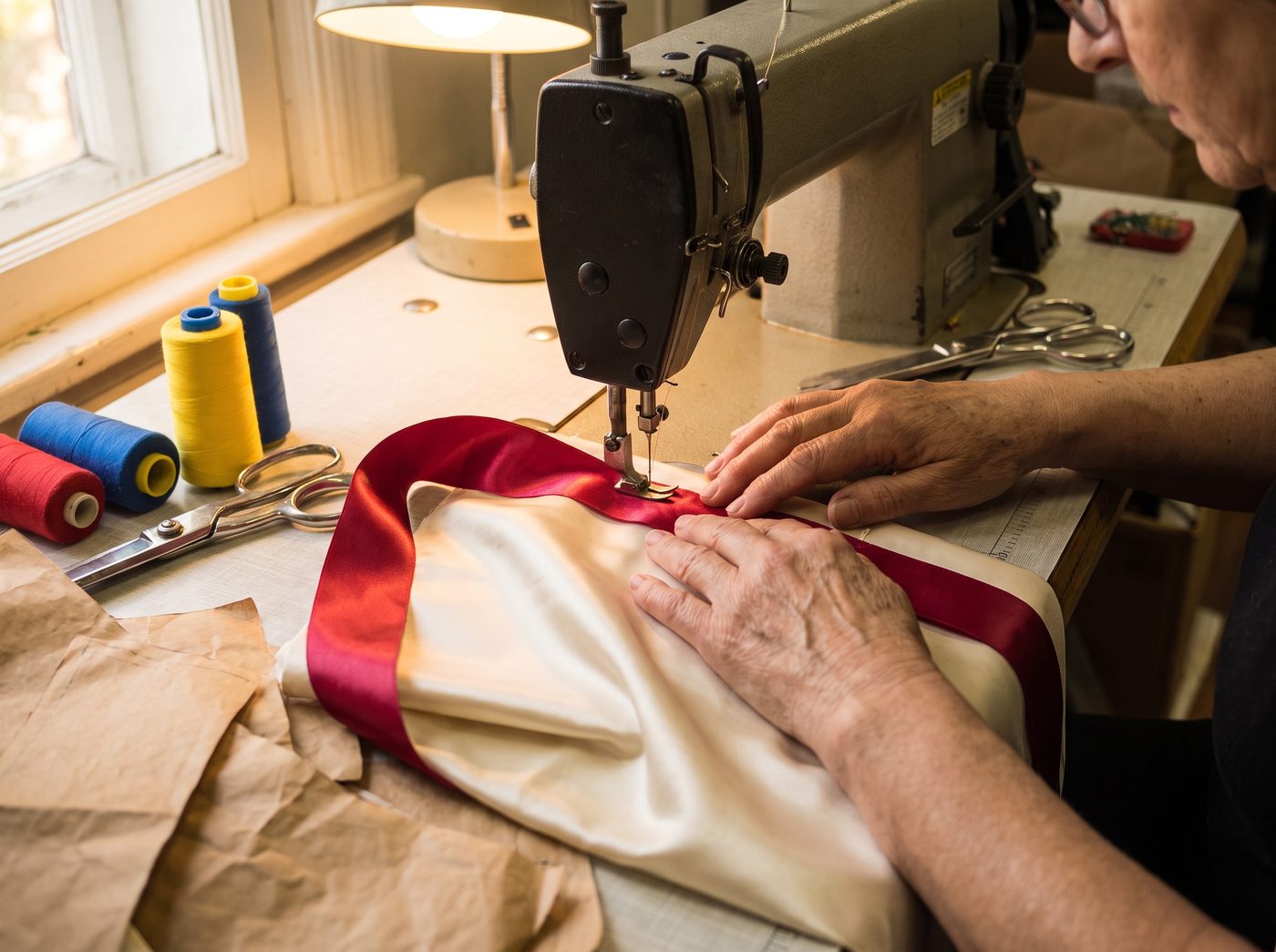 A seamstress stitching a wide ribbon band onto layered satin folklorico skirt fabric at a sewing machine