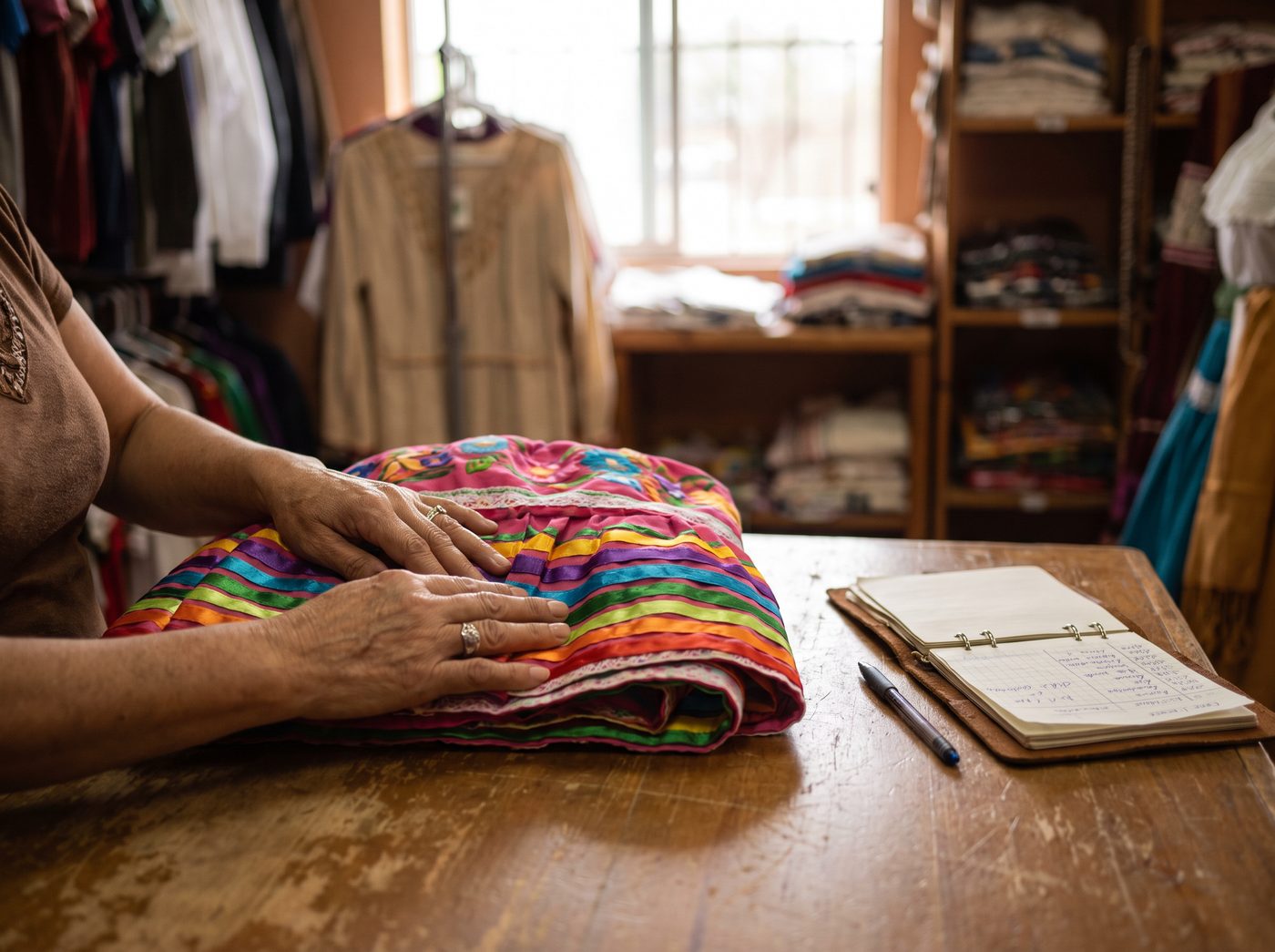 Hands folding a ribbon-trimmed folklorico skirt on the counter of a Mexican dance attire shop