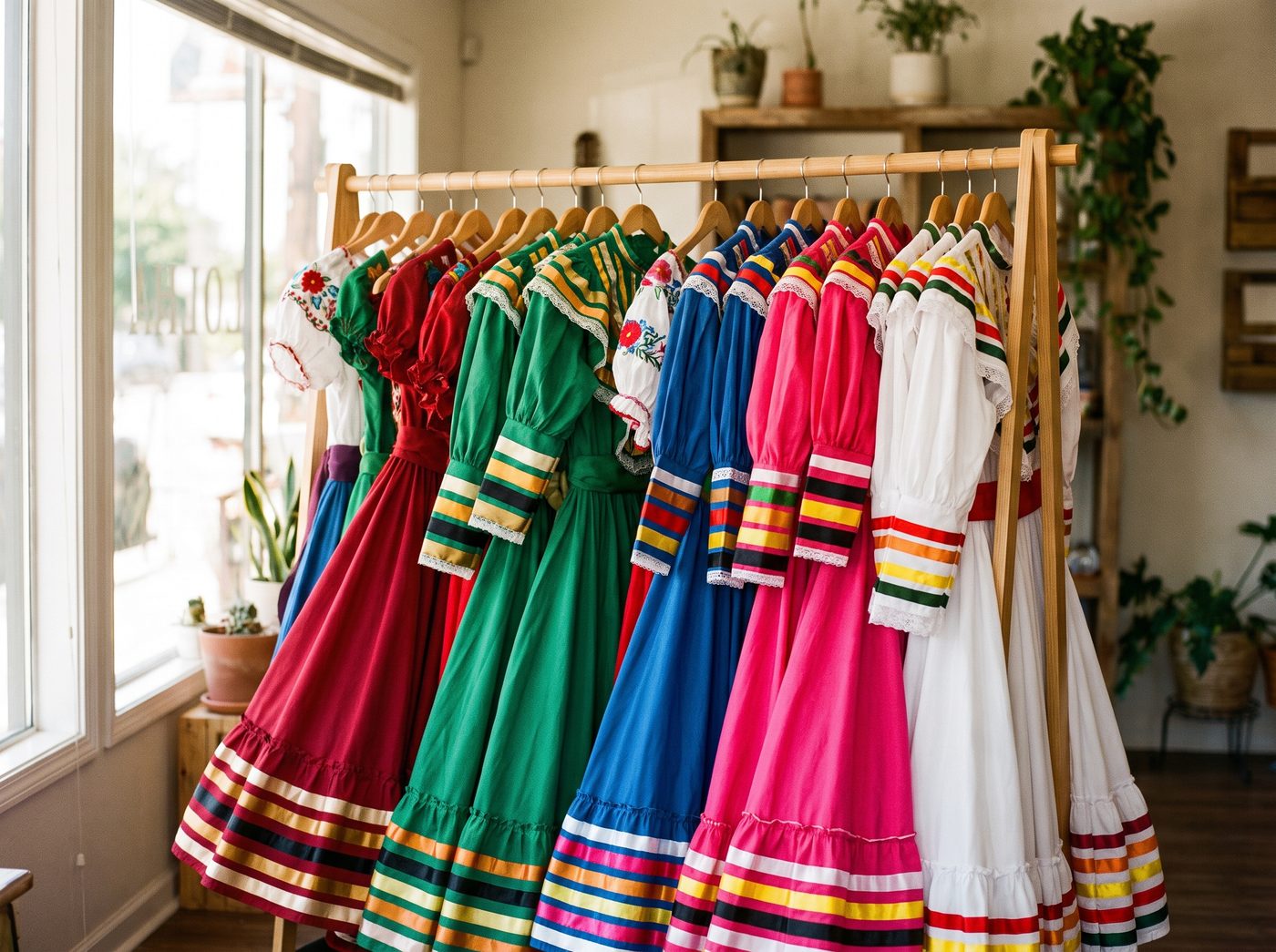 A boutique rack of colorful Mexican folklorico dance dresses with wide ribbon banding on the skirts