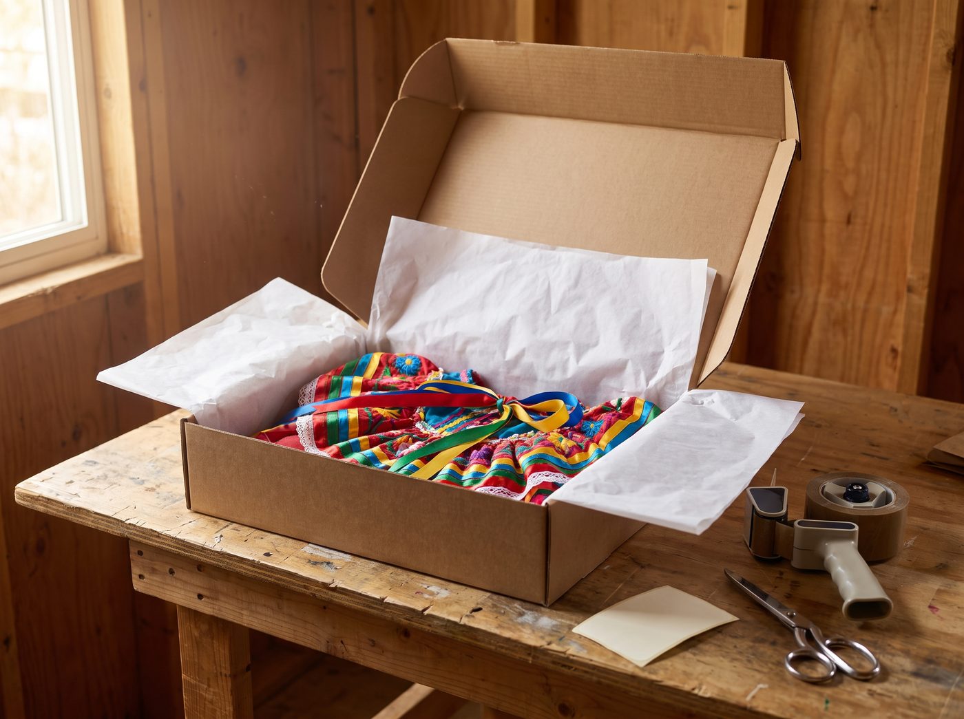 A folklorico skirt packed in tissue paper inside a kraft shipping box on a workbench