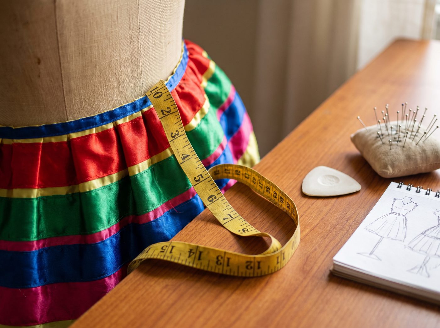 Measuring tape draped across the waistband of a ribbon-banded folklorico skirt on a dress form