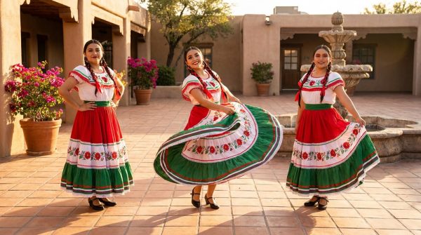 Three dancers in Jalisco, Veracruz, and Michoacan regional folkloric dress styles side by side