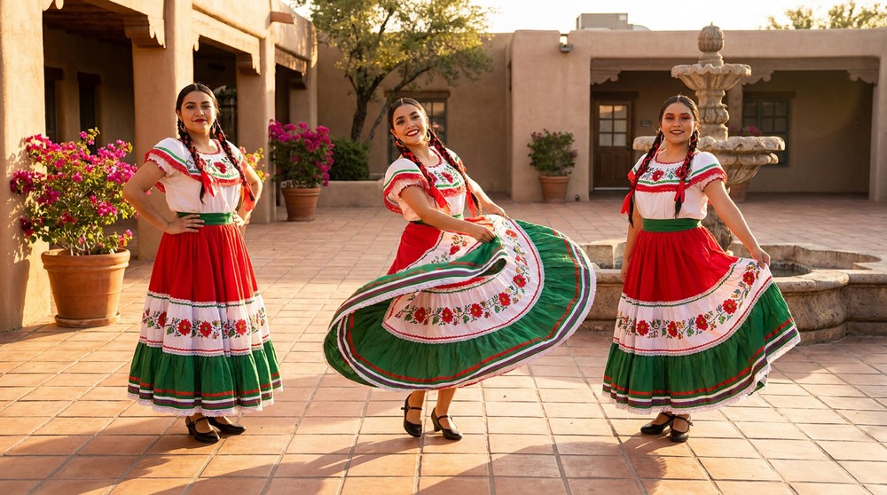 Three dancers in Jalisco, Veracruz, and Michoacan regional folkloric dress styles side by side