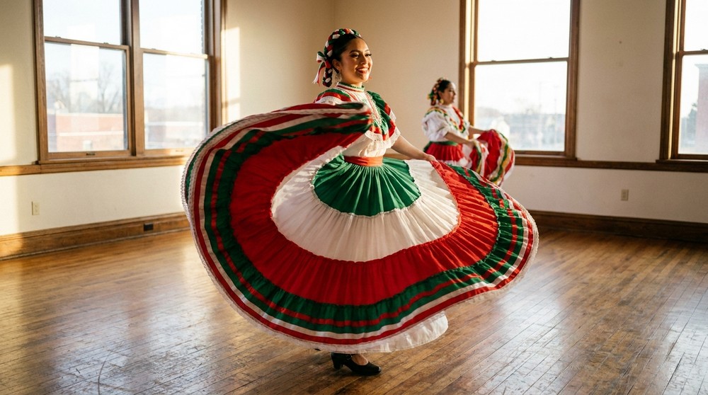 Folkloric dancers in Jalisco dress performing at a San Diego community event