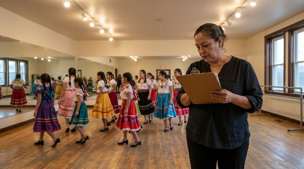 Dance school director reviewing folkloric dress bulk order list with student group rehearsing behind her